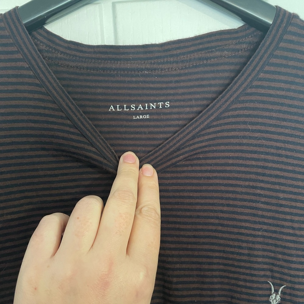 All Saints Striped T Shirt Maroon And Black Size Large - Picture 2 of 5